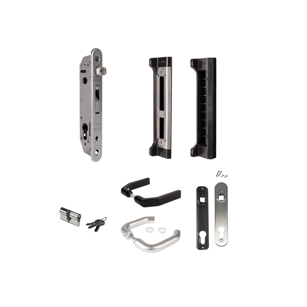 Complete set met insteekslot en slotvanger voor metalen, aluminium en PVC poorten