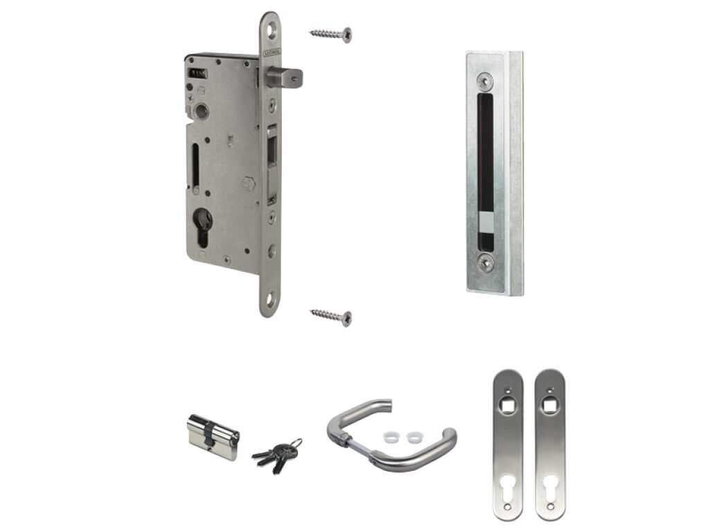 Complete, stainless steel insert lock set for wooden gates