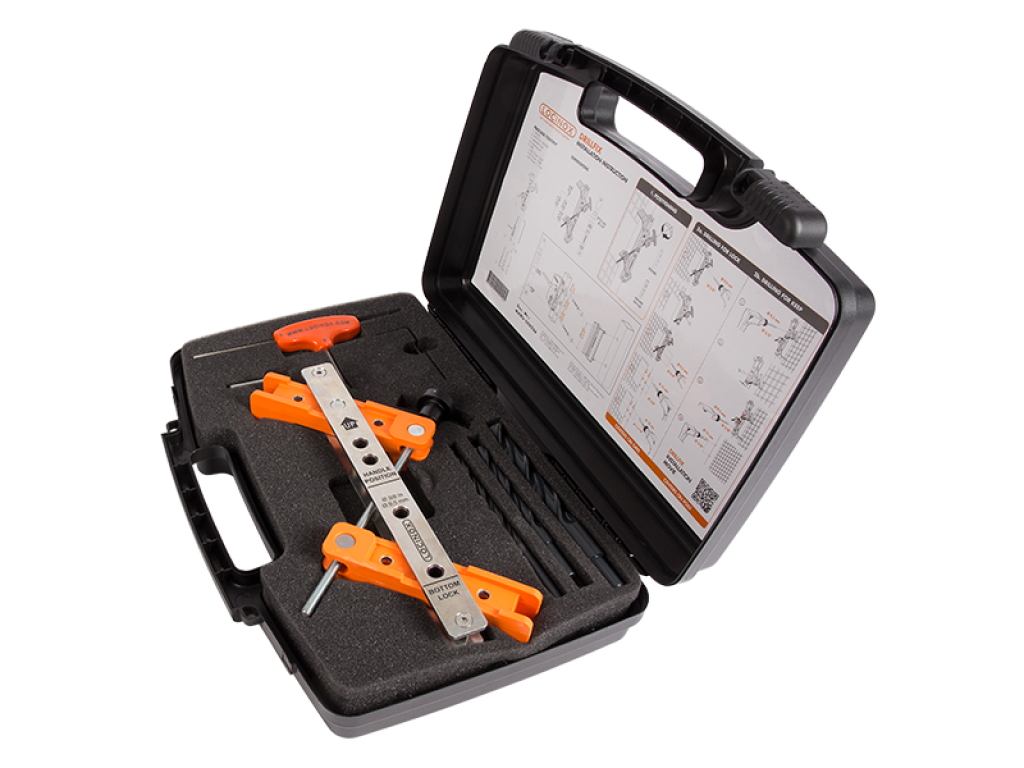 Tool case with drilling jig for surface mounted lock and corresponding keep