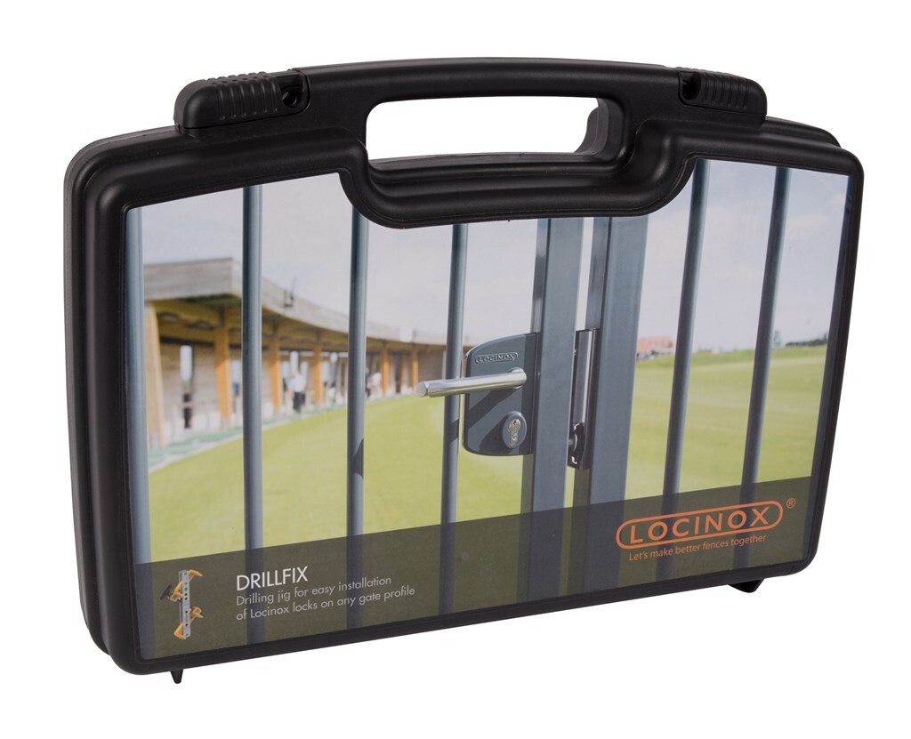 Tool case with drilling jig for surface mounted lock and corresponding keep