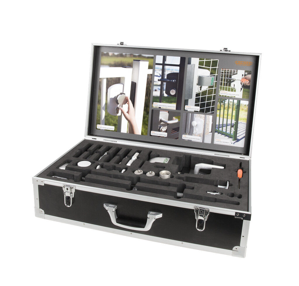 Demo case with a range of Locinox handles and drop bolts