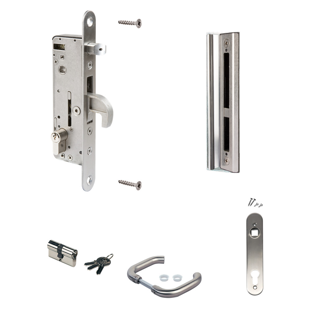 Complete, stainless steel insert lock set for metal and aluminium gates