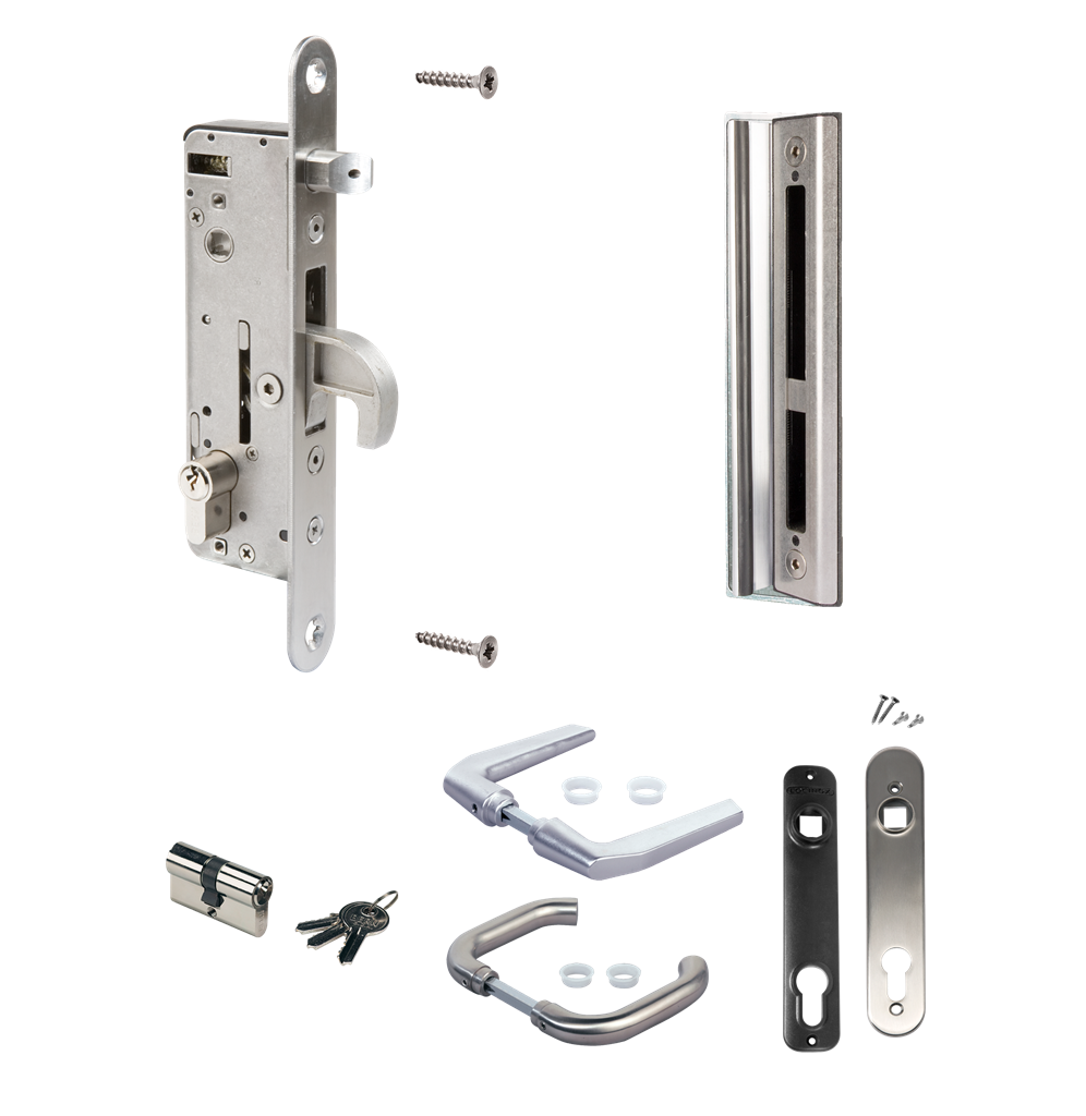 Complete, stainless steel insert lock set for metal and aluminium gates