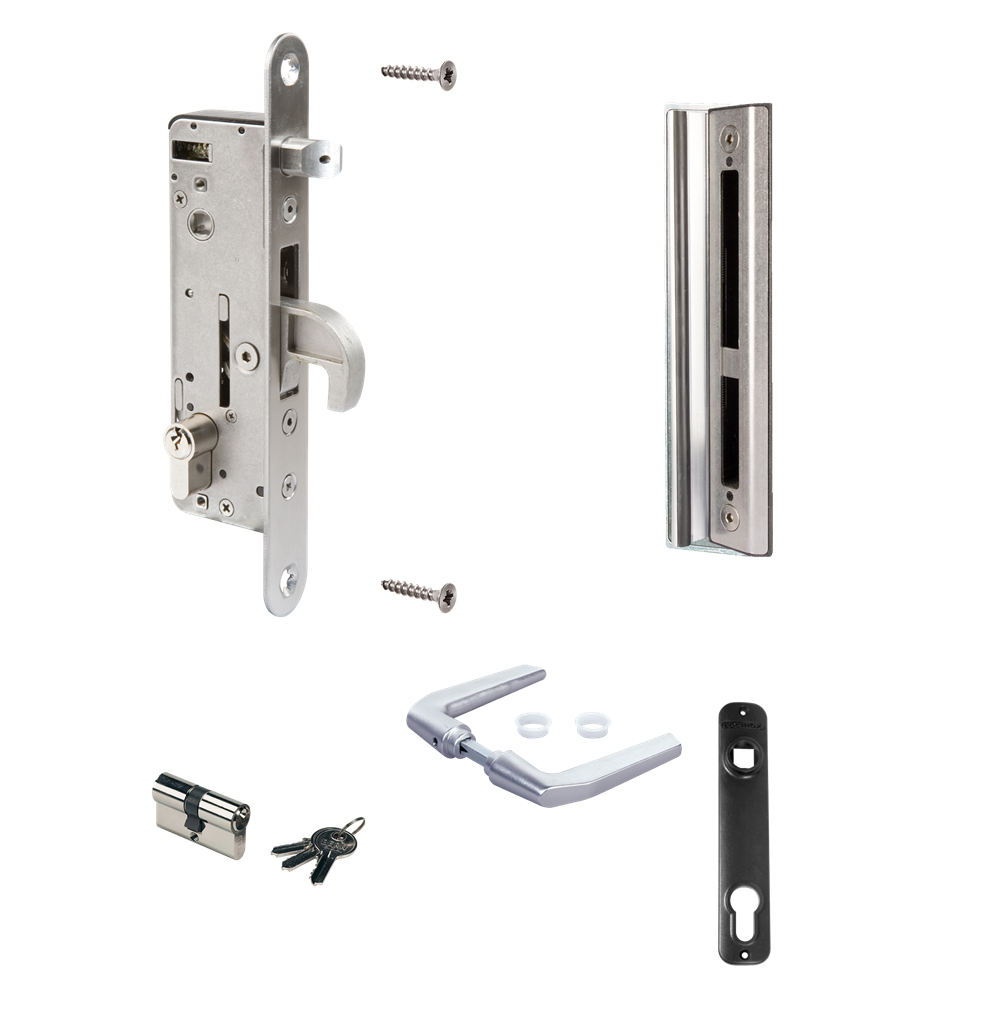 Kit complet en acier inoxydable avec serrure à encastrer pour portes en métal ou en aluminium