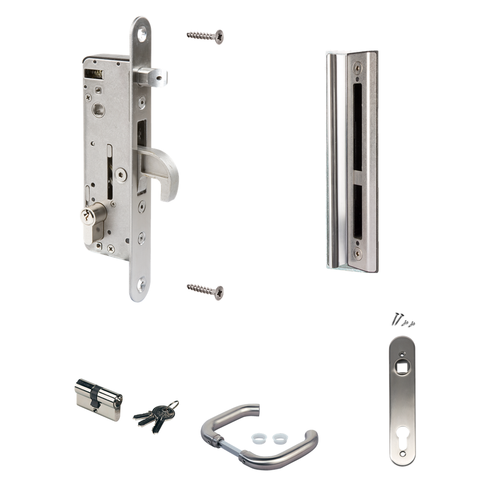 Complete, stainless steel insert lock set for metal and aluminium gates