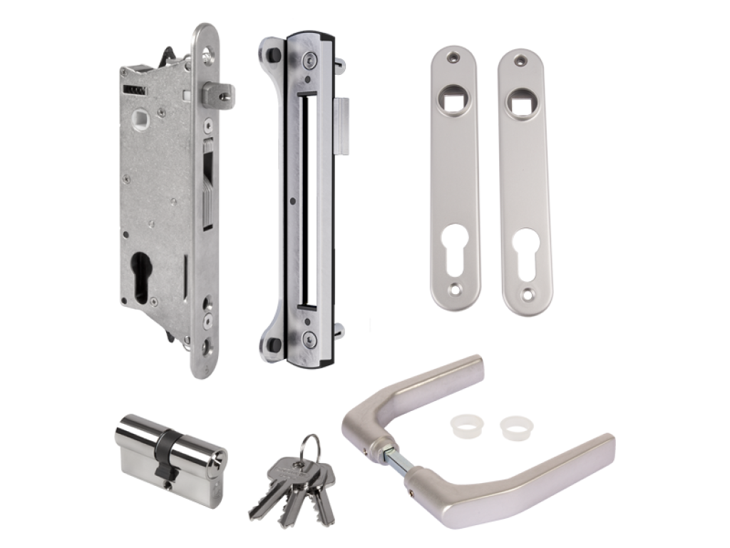 Complete Sixtylock set met insteekslot en slotvanger voor metalen, aluminium en PVC poorten