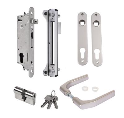 Kit avec serrure Fiftylock à encastrer et accessoires pour portes en métal, PVC ou aluminium