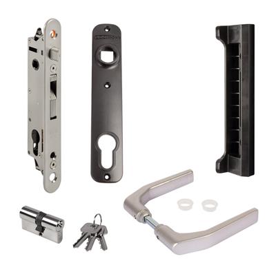 Kit avec serrure à encastrer et accessoires pour portes en métal, PVC ou aluminium