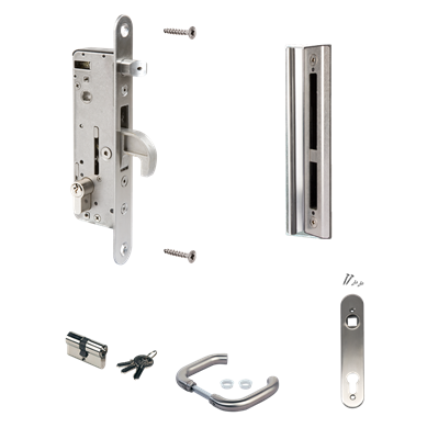 Complete, stainless steel insert lock set for metal and aluminium gates