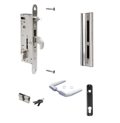 Kit complet en acier inoxydable avec serrure à encastrer pour portes en métal ou en aluminium