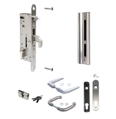 Kit complet en acier inoxydable avec serrure à encastrer pour portes en métal ou en aluminium