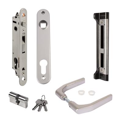 Kit avec serrure à encastrer et accessoires pour portes en métal, PVC ou aluminium